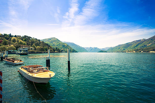 Beautiful Landscape on Como Lake and Boats, Italy Como Lake, view from Bellagio como italy photos stock pictures, royalty-free photos & images