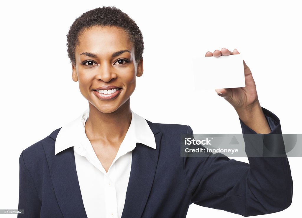 Mulher de negócios, segurando em branco cartão de negócio-isolado - Foto de stock de Adulto royalty-free