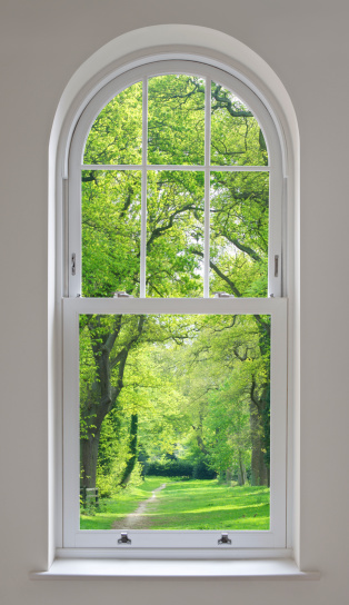 beautifully manufactured arched sash windows set in a grey wall with views over parkland in Spring. This is a composite of two images.