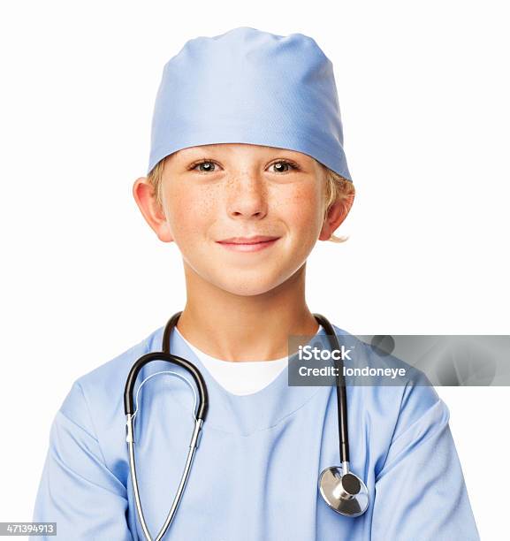 Young Confident Boy In Scrubs Isolated Stock Photo - Download Image Now - Child, Dressing Up, Aspirations