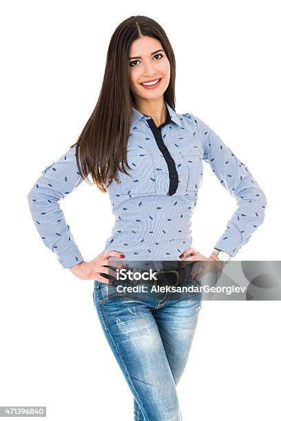 Pretty Brunette Mixed Race Girl With Jeans And Shirt Stock Photo - Download Image Now