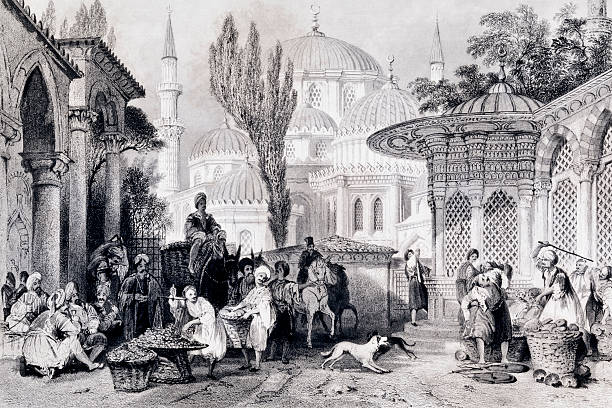 sehzade moschee und street-markt in istanbul - street market illustrations stock-grafiken, -clipart, -cartoons und -symbole