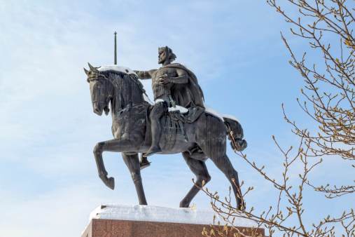 Winter scene with old statue of king Tomislav in Zagreb capital of Croatia.