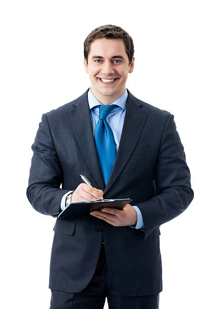 istock Businessman with clipboard writing, isolated 471398639
