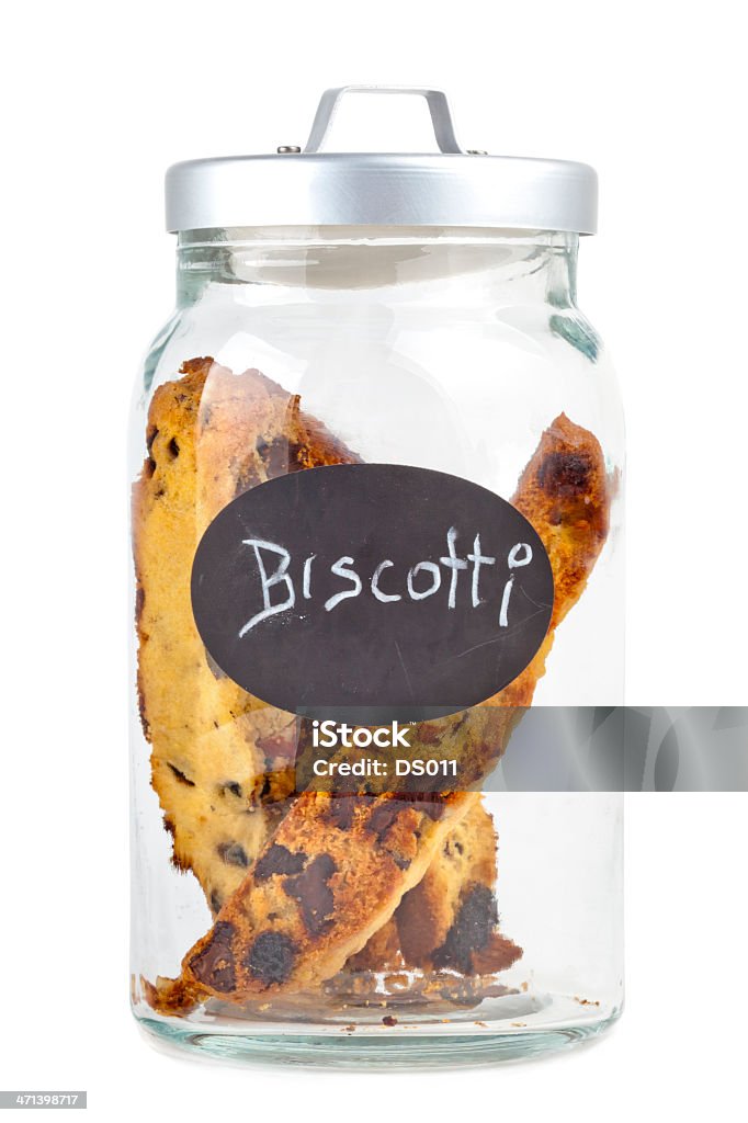 Biscotti in a glass jar High Resolution of Chocolate Almond Biscotti in a glass jar, isolated on white background Baked Pastry Item Stock Photo