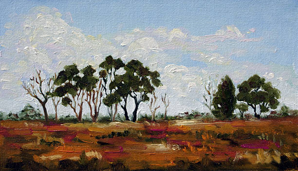 Australian Landscape Oil Painting Closeup of a small original oil painting portraying Australian gum trees. Artwork painted on canvas by the photographer. australian trees stock illustrations