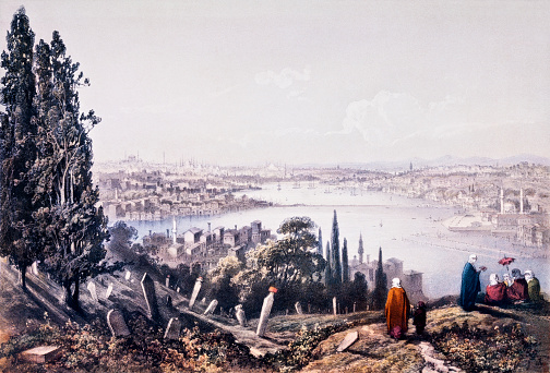 Engraving of Bosphorus, General view, Istanbul,  Turkey, Asian side and European side. Illustration from 