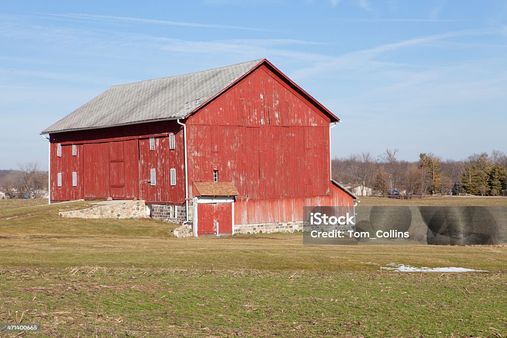 American Barn Just a large sharp shot of an American barn. This is called a "banked" barn. You will notice the ramp on the left is where straw, grain, etc. is brought in, and then storage is below. Quite a familiar looking design in the great Midwest. Agriculture Stock Photo