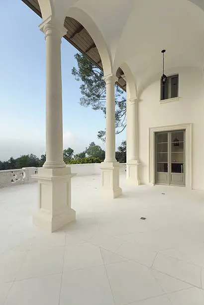 Wide angle view from the loggia of a hillside estate in Bel Air, an affluent subdivision of the city of Los Angeles, California.