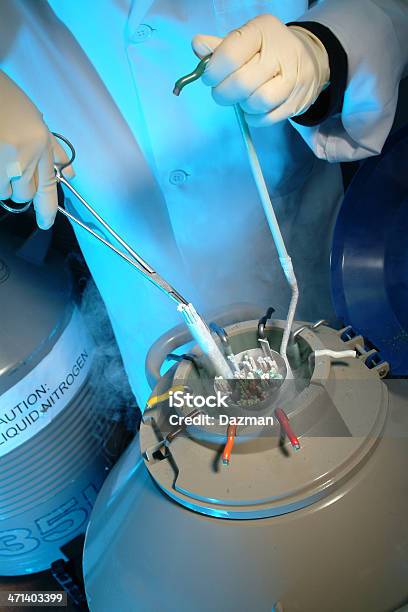 Scientist Storing A Sample In A Canister Stock Photo - Download Image Now - Frozen, Storage Compartment, Container