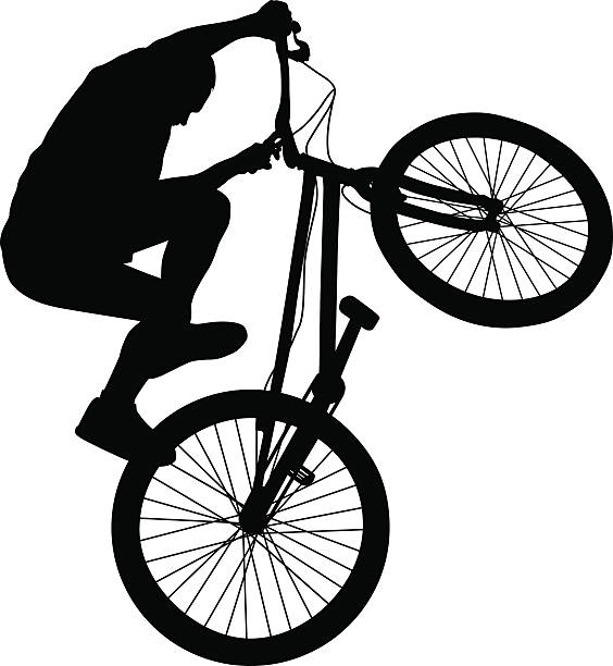 Biker vector silhouette Bike trick detailed vector silhouettes. Sports design bicycle stunts stock illustrations