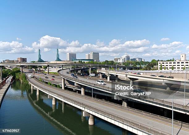 Portland Oregon Willamette River Intersate I5 And 84 City Skyscrapers Stock Photo - Download Image Now
