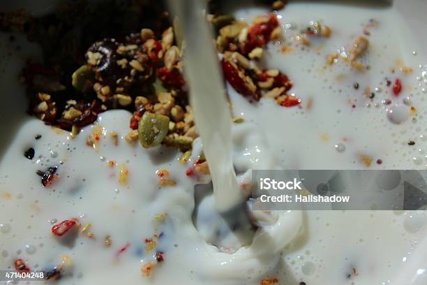 Milk Poured Over Seeds And Berries Stock Photo - Download Image Now - 2015, Apple - Fruit, Backgrounds