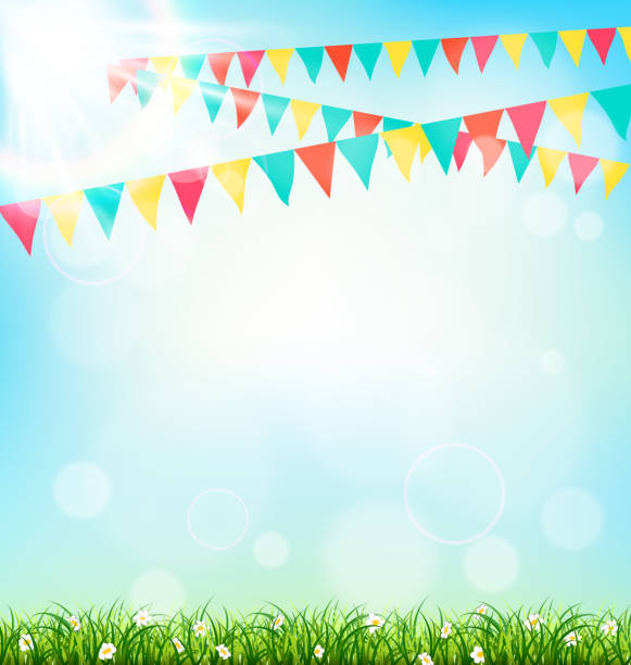 święto tle z buntings trawie i promienie słoneczne na niebie - entertainment bright carnival celebration stock illustrations