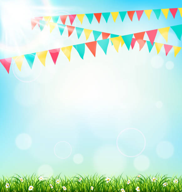 Celebration background with buntings grass and sunlight on sky Celebration background with buntings grass and sunlight on sky background carnival celebration event stock illustrations