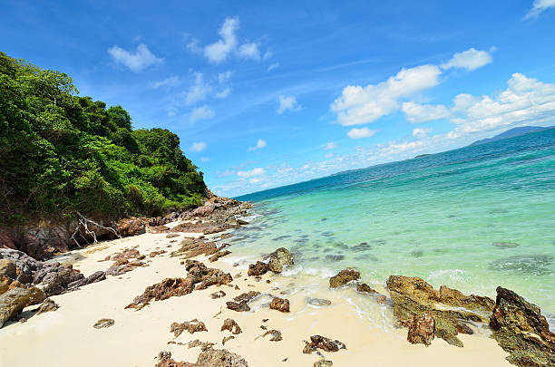 tranquila praia de areias brancas na ilha talu - talu island - fotografias e filmes do acervo