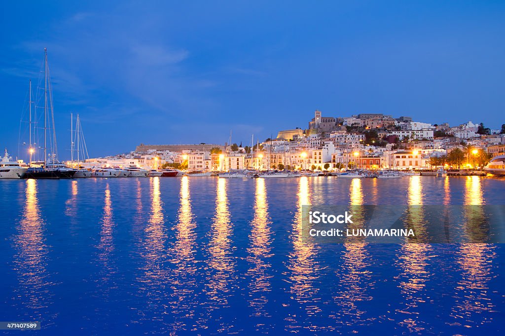 Ibiza island night view of Eivissa town Ibiza island night view of Eivissa town and sea lights reflection Ibiza Island Stock Photo