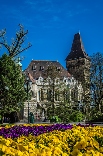 Budapest, Hungary - April 21, 2015:  Vajdahunyad Castle is a castle in the City Park of Budapest, Hungary. It was built between 1896 and 1908 as part of the Millennial Exhibition which celebrated the 1000 years of Hungary since the Hungarian Conquest of the Carpathian Basin in 895.