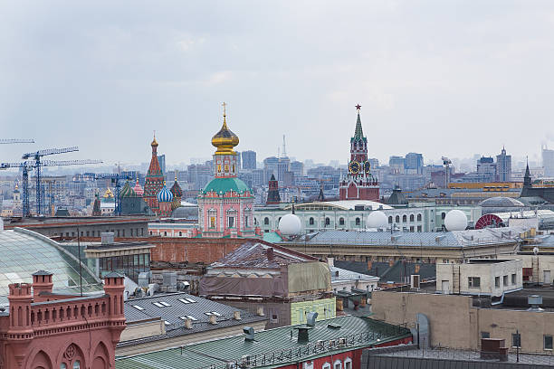 Panoramic view of Moscow in cloudy weather during the day stock photo