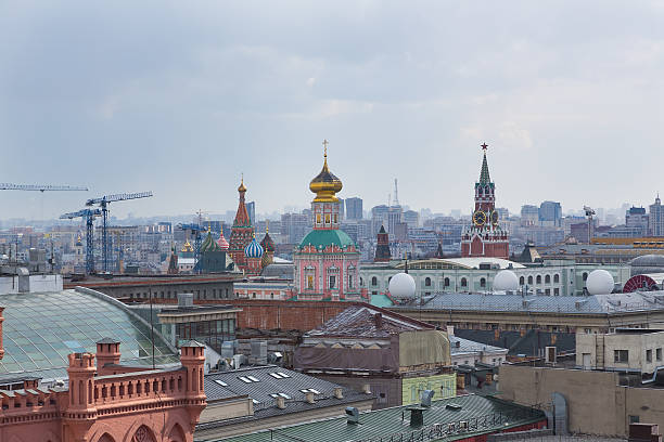 Panoramic view of Moscow in cloudy weather during the day stock photo