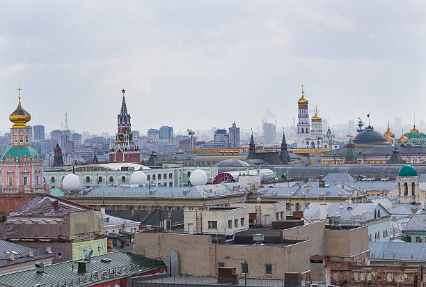 Panoramic view of Moscow in cloudy weather during the day stock photo