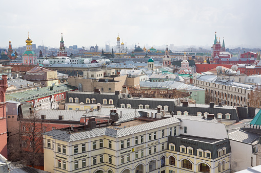 Moscow, Russia - April 19, 2015: Panoramic view of Moscow from the roof in spring time in cloudy weather in day time