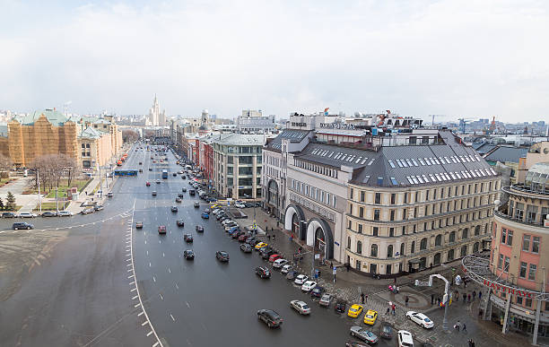 Panoramic view of Moscow in cloudy weather during the day stock photo