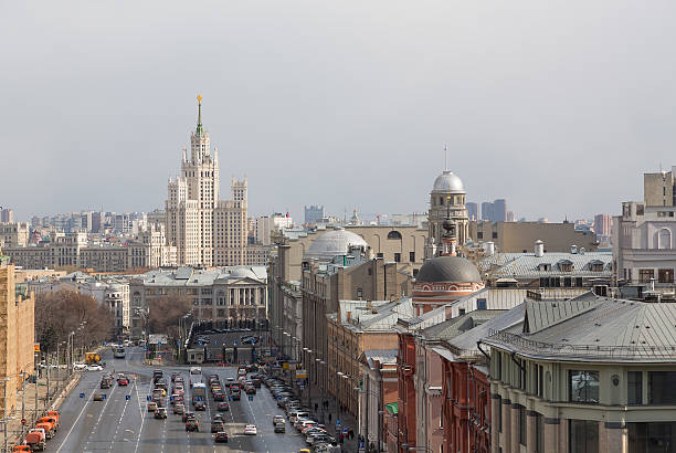 Panoramic view of Moscow in cloudy weather during the day stock photo