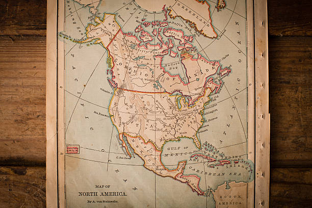 vecchia, colore mappa di nord america, dal 1870, legno sfondo - 1870 foto e immagini stock