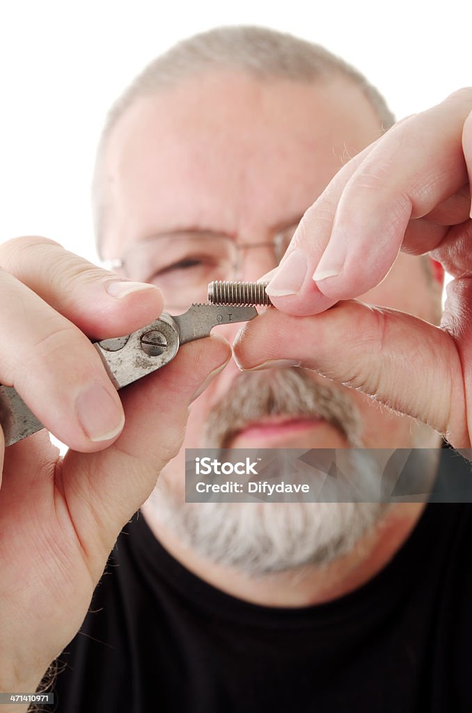 Man Using Packthread Bearded Man Using Threadgauge To Size Screw Thread Stock Photo ...