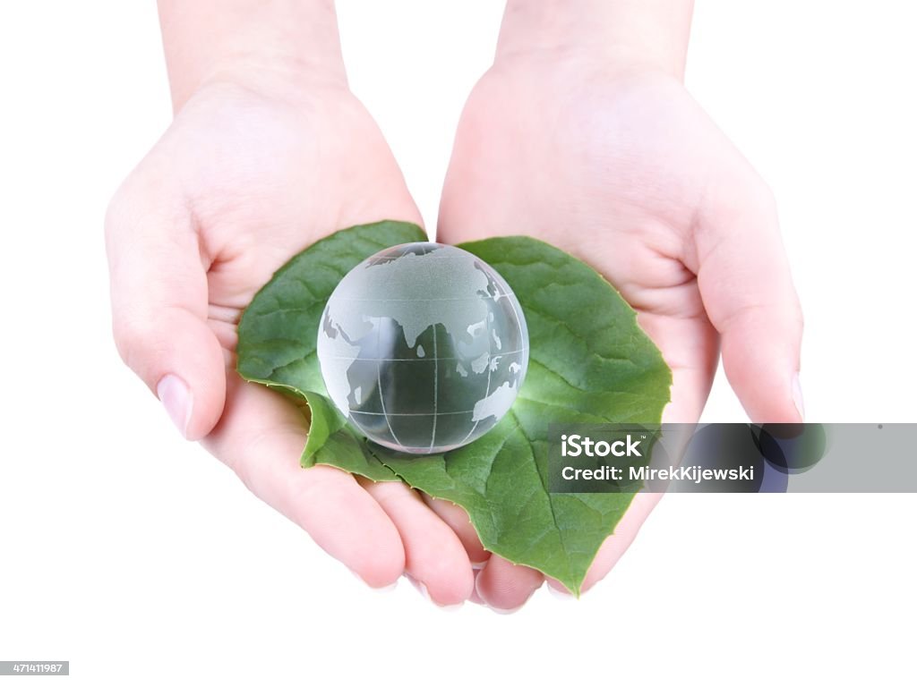 Globe en verre dans les feuilles et les mains - Photo de Afrique libre de droits
