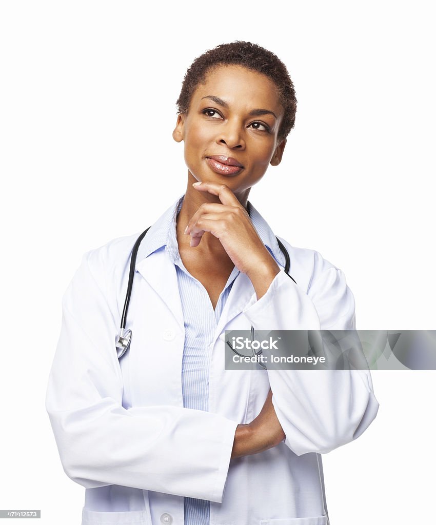 Pensive African American femme médecin-isolé - Photo de Contemplation libre de droits