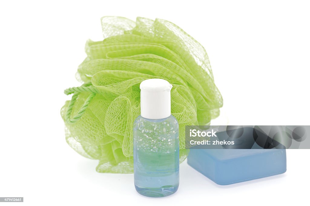 Lavanda gel de ducha con exfoliación y Puff - Foto de stock de Armonía - Concepto libre de derechos