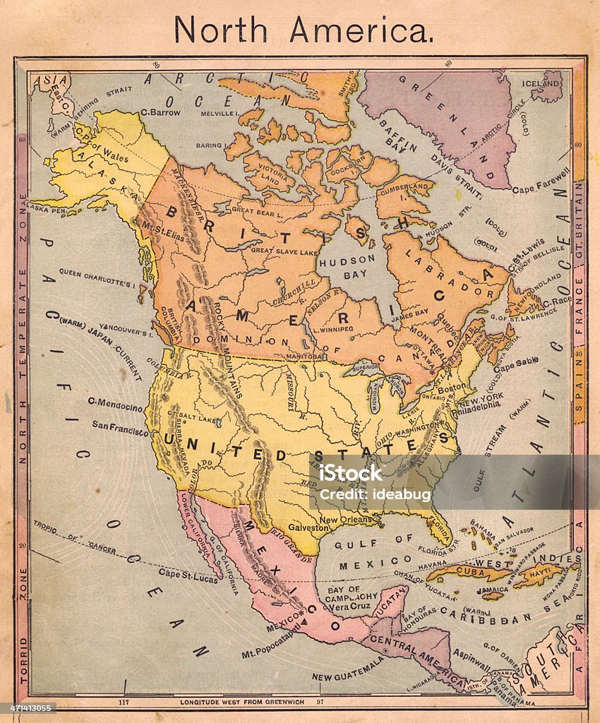 1867, cor antigo mapa de América do Norte - Royalty-free Mapa Foto de stock