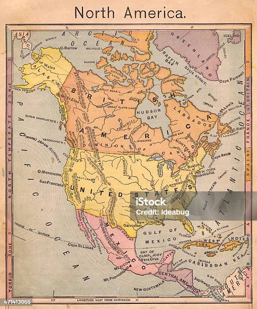 1867 Cor Antigo Mapa De América Do Norte - Fotografias de stock e mais imagens de Mapa - Mapa, Fora de moda - Estilo, Alasca