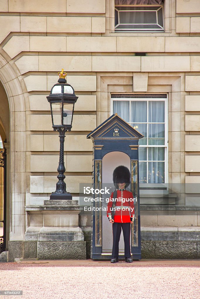 Sentry de granadero protecciones en el Palacio de Buckingham - Foto de stock de Accesorio de cabeza libre de derechos
