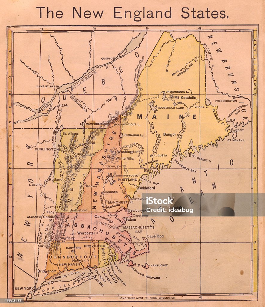 1867, Old, Color Map of the New England States Color image of an old map of the New England States, from 1867. Map Stock Photo