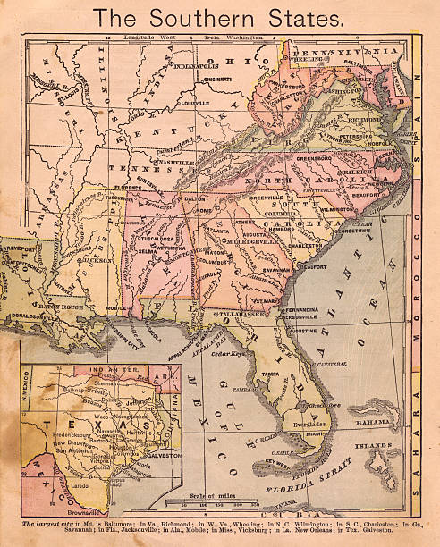 1867, Old, Color Map of the Southern (United) States Color image of an old map of the Southern (United) States, from the 1800's. topographic map photos stock pictures, royalty-free photos & images