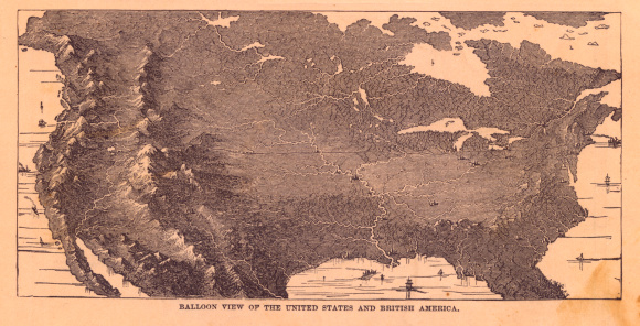 Black and white illustration of a balloon view of the United States and British America, from the 1800's. 