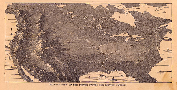 Black & White Illustration, Balloon View of North America, 1867 Black and white illustration of a balloon view of the United States and British America, from the 1800's.  topographic map photos stock pictures, royalty-free photos & images