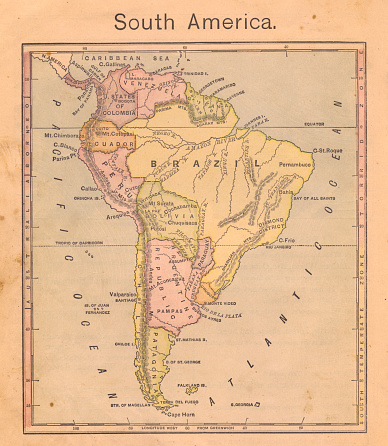 Color image of an old color map of South America, from the 1800's.