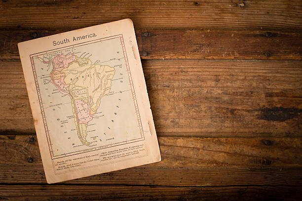 1867, vecchia mappa di colori del sud america, con spazio di copia - chile map topography topographic map foto e immagini stock