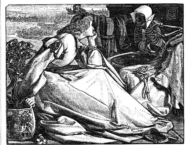 Young woman staring at skeleton  1862 journal This picture illustrated a poem  "Until her death"  - a delightful Victiorian moral verse about a young woman meditating on her death skull photos stock illustrations