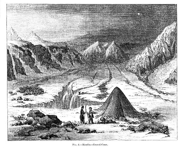 ilustrações, clipart, desenhos animados e ícones de geleira moulin cascalho cone1862 journal - glacier mountain ice european alps