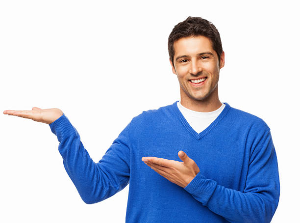 istock Happy Man Showing Open Palm - Isolated 471418765