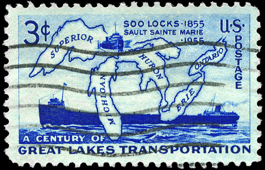A Stamp printed in USA shows the Map of Great Lakes and two Steamers, Soo Locks Opening, Centenary, circa 1955