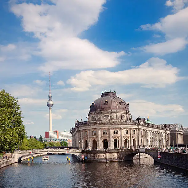 Berlin city view with the museum island (Bode Museum) and Spree River, TV tower in the background.