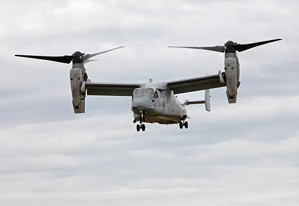 The Osprey tiltrotor transport aircraft in flight.