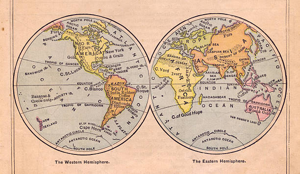 1867, vecchia mappa di colore occidentale e orientale, hemispheres - emisfero foto e immagini stock