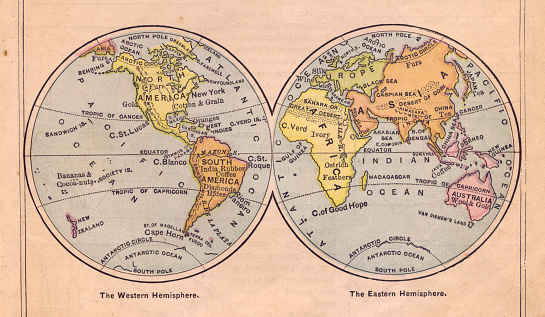 Color image of an old map of the Western and the Eastern Hemispheres, from the 1800's. \